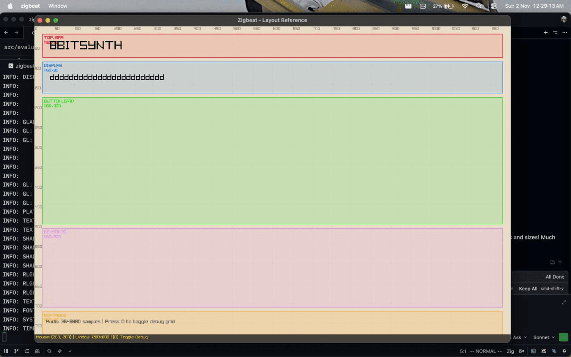 Early prototype screenshot of ZigBeat interface showing initial attempt at integrating custom sprites with Raylib